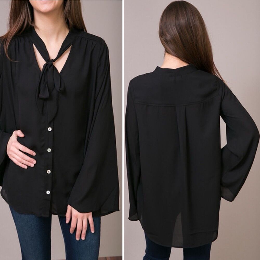 Show Me Your Mumu Tunic Black Long Sleeve Taylor Tie Neck Button Front L